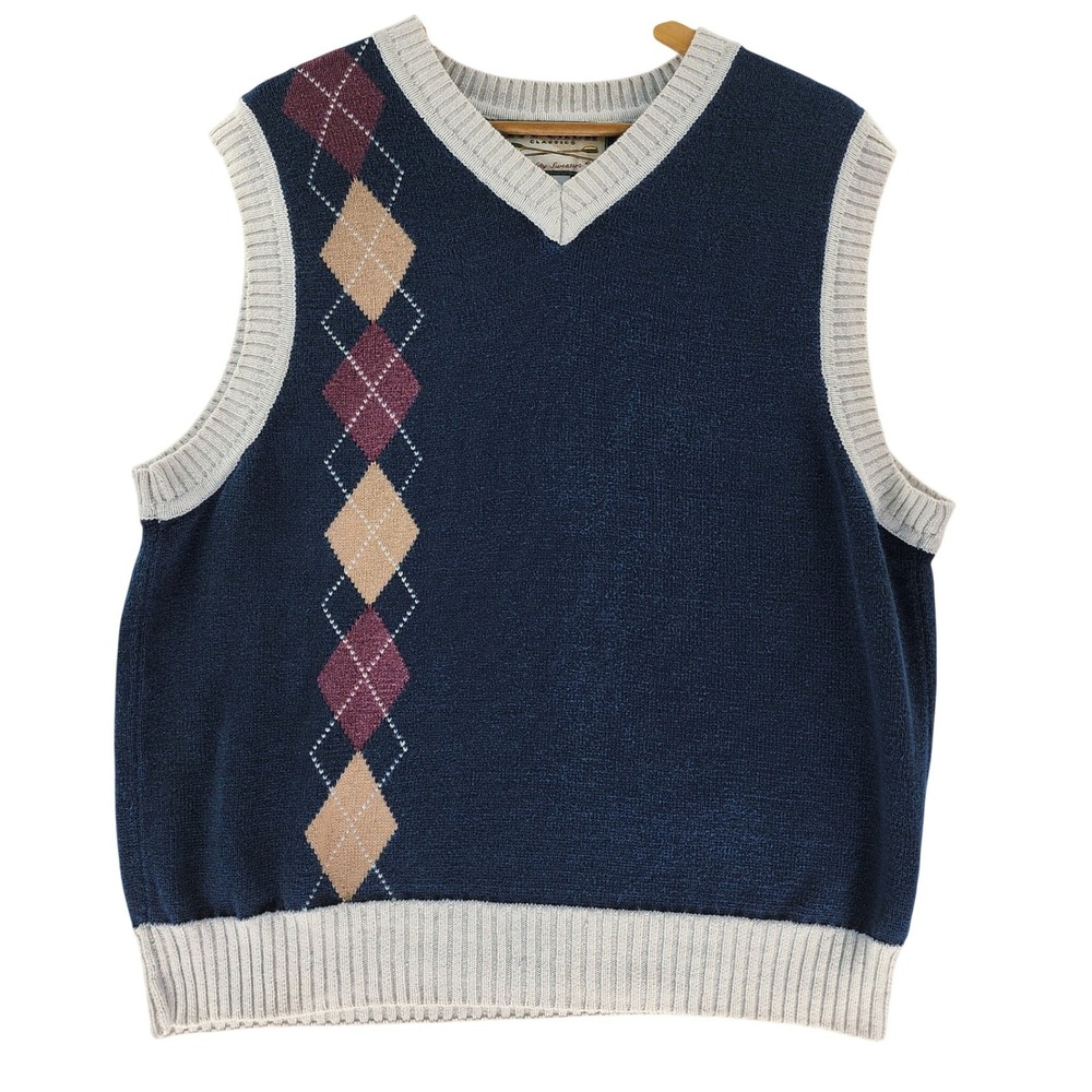 Ivy Crew Sweater Vest Mens L Navy Blue Argyle V-Neck Ramie Cotton Blend